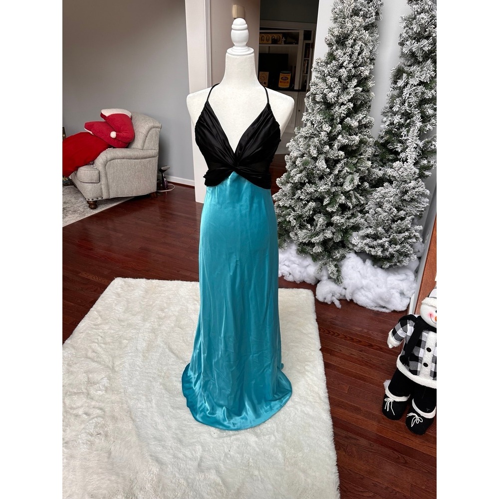 Faviana Vintage Black Blue Satin Ball Gown Prom Formal Dress Like New Womens Med
